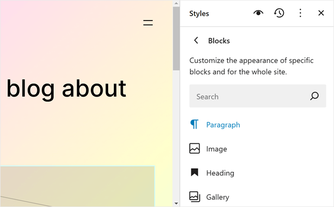 Choosing a block whose appearance needs to be customized in FSE