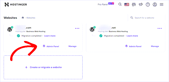 WP Admin Panel shortcut in Hostinger panel