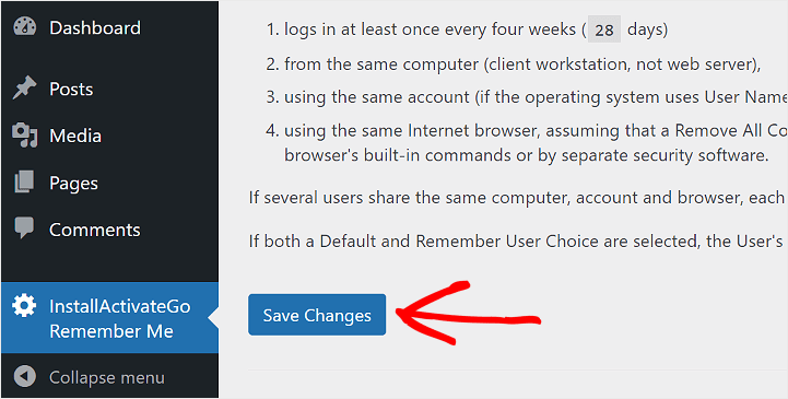单击 InstallActivateGo Remember Me 插件上的“保存更改”