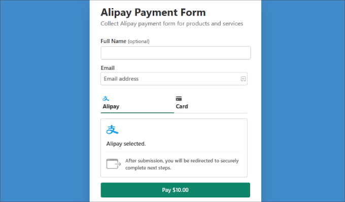 Alipay payment form preview 