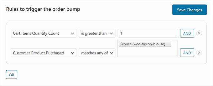 An example of the order bump trigger rules in FunnelKit using the AND button