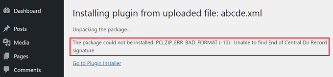 Example of plugin upload error