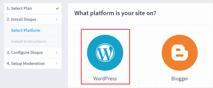 在 Disqus 网站中选择 WordPress