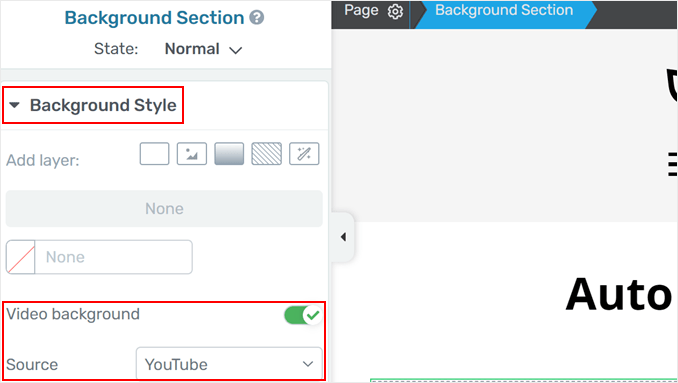 Selecting a video background style in Thrive Architect