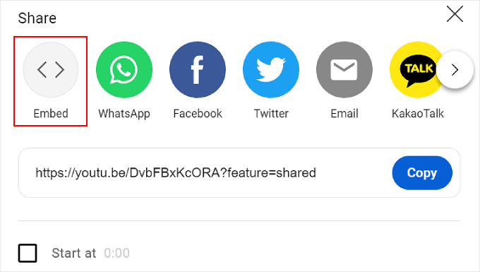 Clicking the Embed option on YouTube share popup