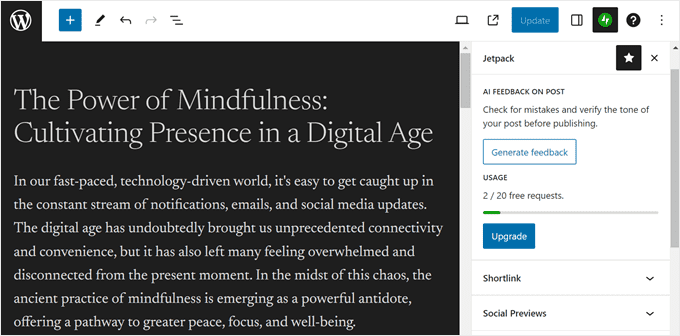 JetPack's AI writing assistant in WordPress.com's block editor