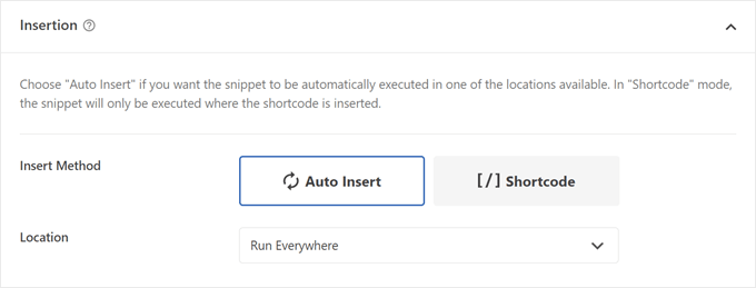 Choosing between Auto Insert or Shortcode insert methods in WPCode