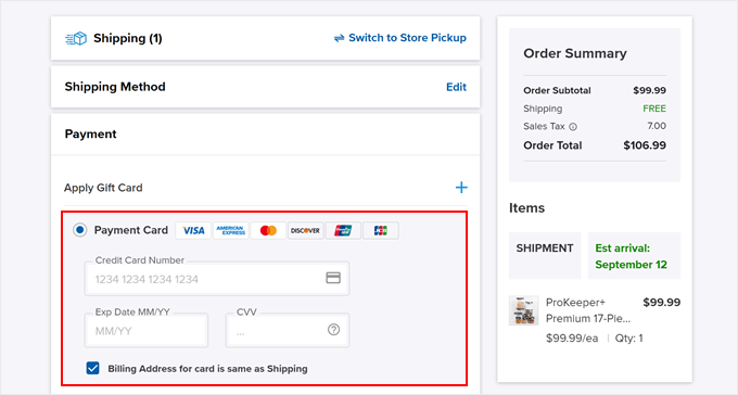 The Container Store's checkout form, which lets you use your shipping address as your billing address