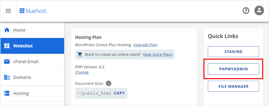 Accessing the phpMyAdmin menu from Bluehost