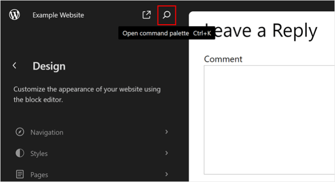 Opening the WordPress full site editor's command palette or search bar