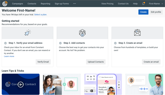 The Constant Contact dashboard