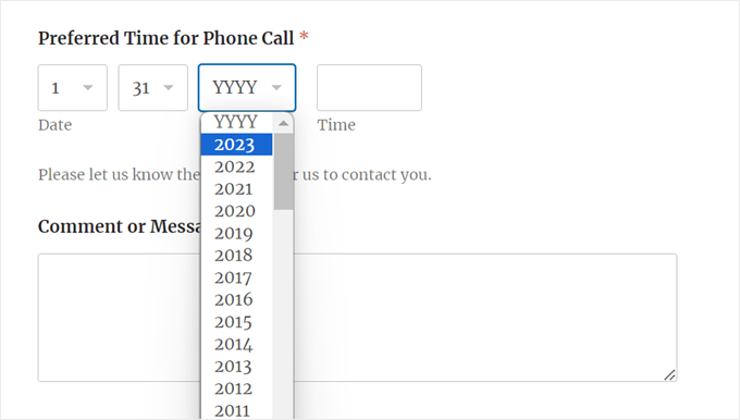 An example of WPForms' date dropdown menu