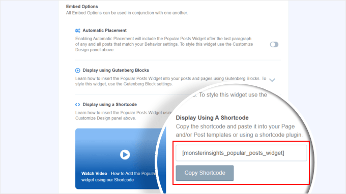Copying the popular posts widget shortcode in MonsterInsights