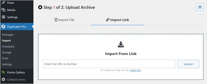 Importing a WordPress website using a URL in Duplicator Pro