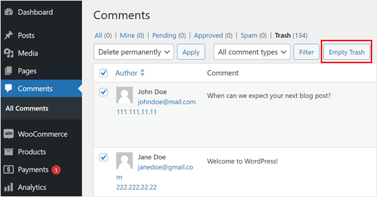 Emptying all of the trashed WordPress comments