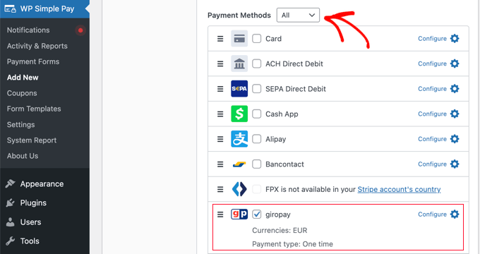 حدد المربع الخاص بـ Giropay في WP Simple Pay