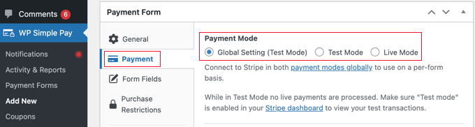 حدد وضع الدفع في WP Simple Pay