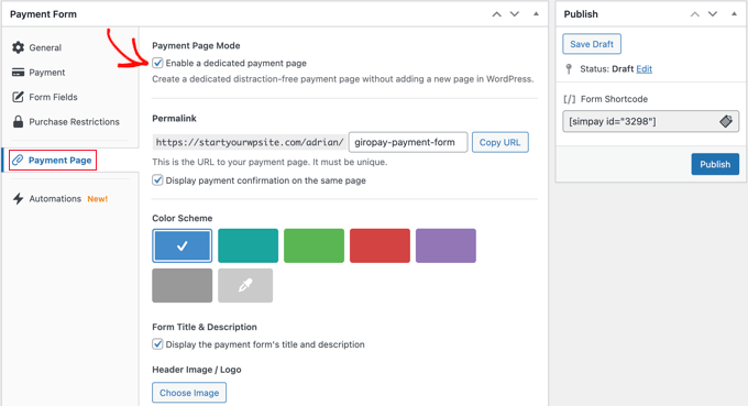 التحقق من مربع وضع صفحة الدفع في WP Simple Pay