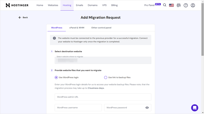 Hostinger's free migration request feature