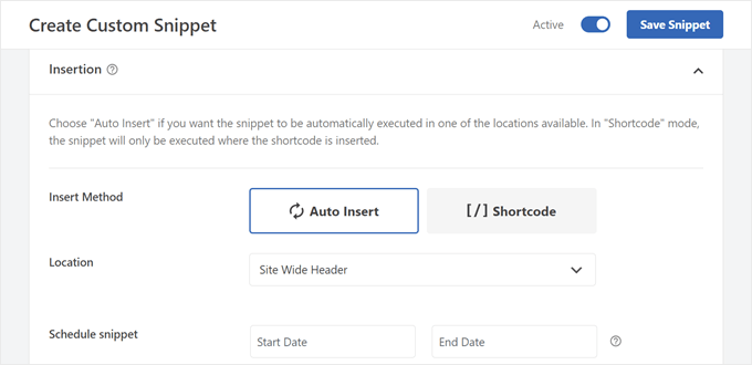 Configuring WPCode's Insert Method and Location