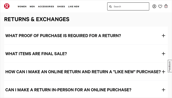 The return policy FAQ section in Lululemon's site