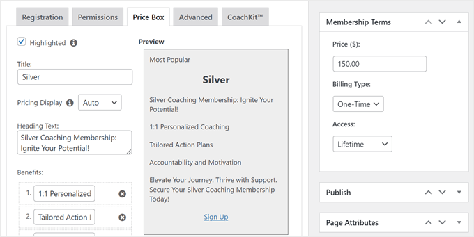 The Price Box settings when creating a new MemberPress membership plan