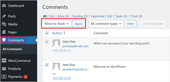 Moving all WordPress comments to trash