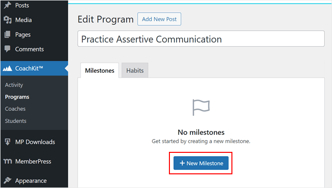 Adding a new milestone for a coaching program in MemberPress