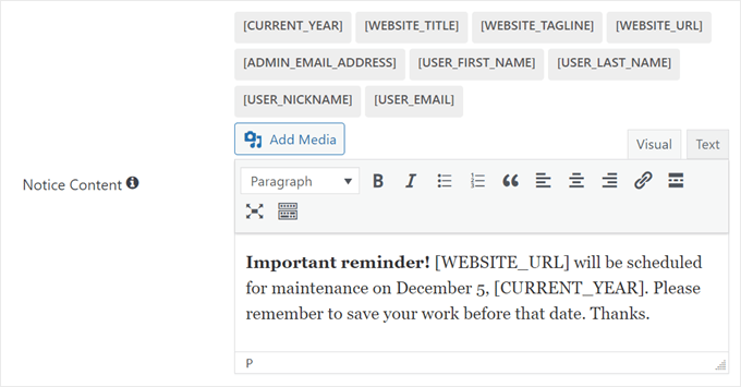 Inserimento del contenuto dell'avviso di amministrazione personalizzato utilizzando il plug-in WP Custom Admin