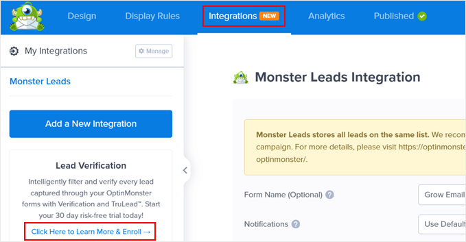 Enabling the Lead Verification add-on in OptinMonster