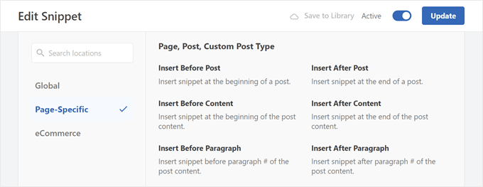 Page-specific location options to insert custom code snippets in WPCode