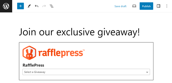 Using the RafflePress block in the WordPress block editor