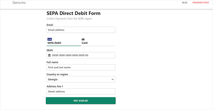 SEPA payment form preview