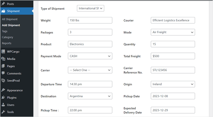 Filling out WPCargo's shipment details