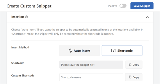 Choosing the Shortcode method in WPCode