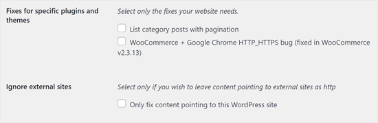 SSL Insecure Content plugin settings for specific plugins, themes, and external sites