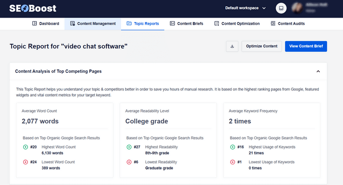 Use Topic Reports tool in SEOBoost to do keyword research