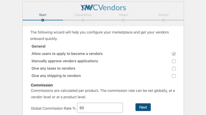 The WC Vendors onboarding wizard