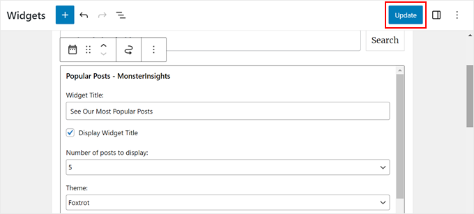 Updating the sidebar area after adding the MonsterInsights popuplar posts widget