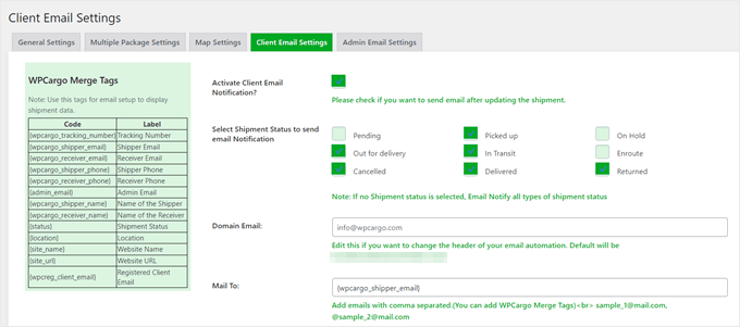 WPCargo's client email settings