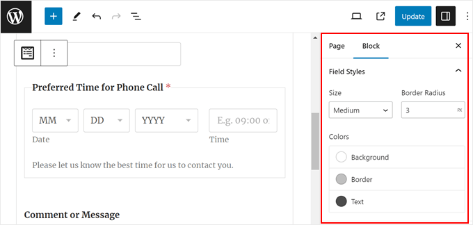 The WPForms block settings sidebar in the block editor