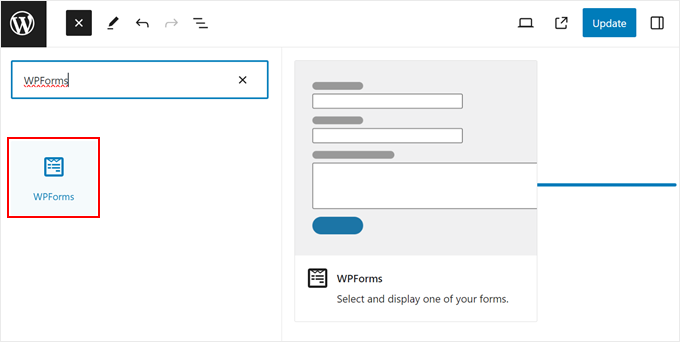 Searching for the WPForms block in the block editor