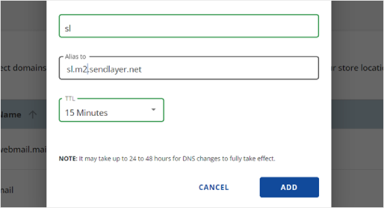 Filling out the Host Name, Alias, and TTL fields when adding a new DNS record in Bluehost