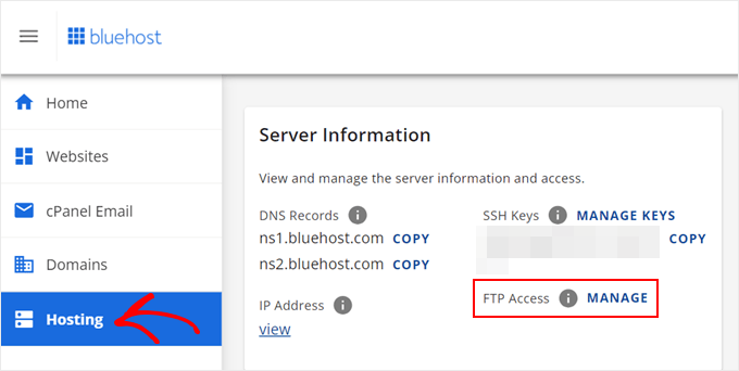 Accessing the hosting account's FTP accounts in Bluehost