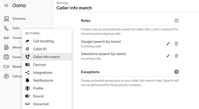 The Call Info match feature