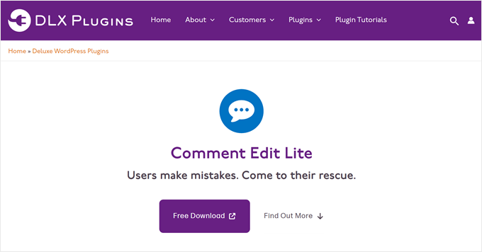 Comment Edit Core's landing page for the free version of the plugin