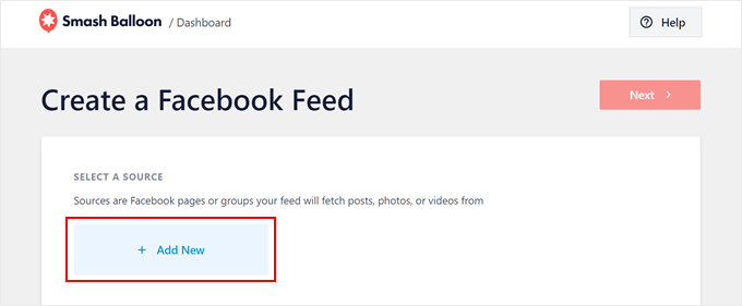 Adding a new Facebook Feed source in Smash Balloon