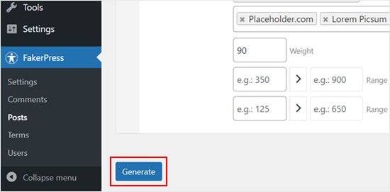 Clicking the Generate button in FakerPress