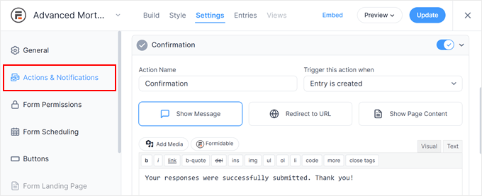 Configuring the Actions and Notifications settings in Formidable Forms