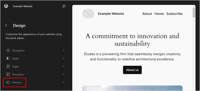 Clicking the Patterns menu in the Full Site Editor